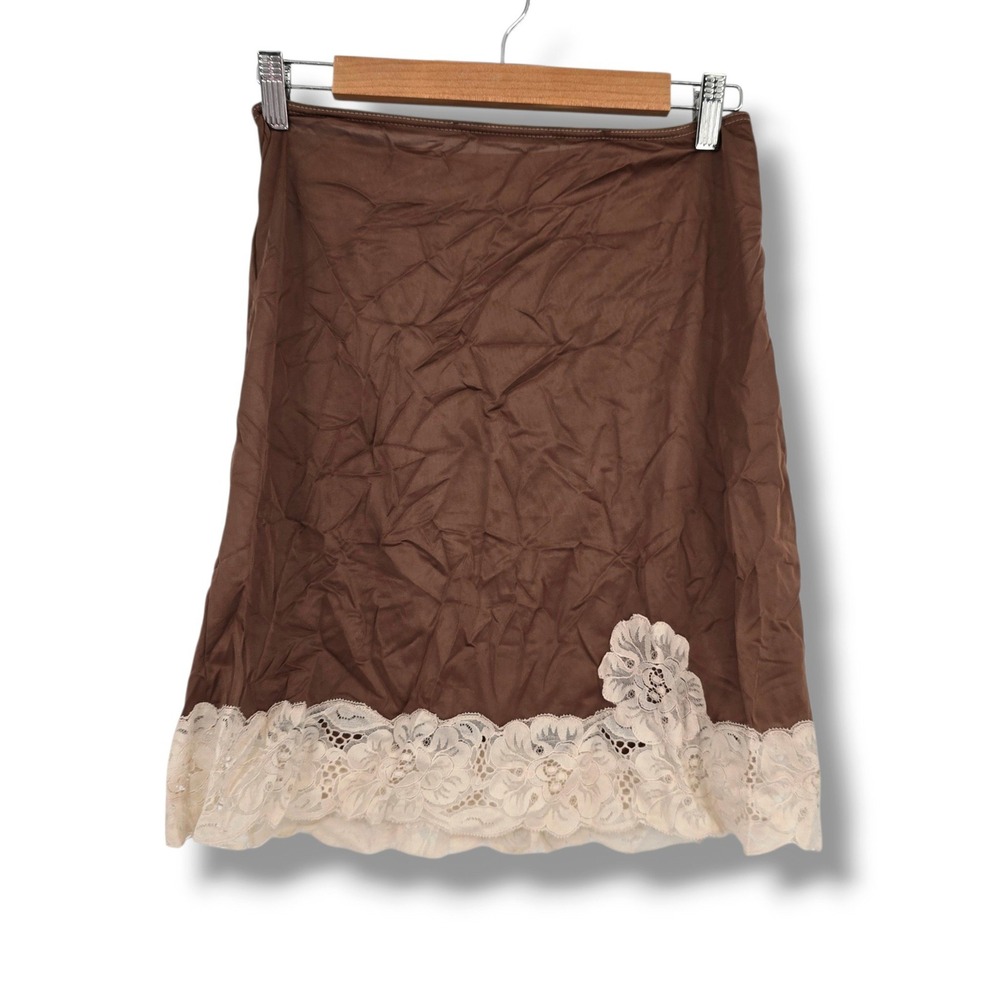 Van Raalte Vintage Brown Nylon Half Slip Skirt Cream Floral Lace Trim Small